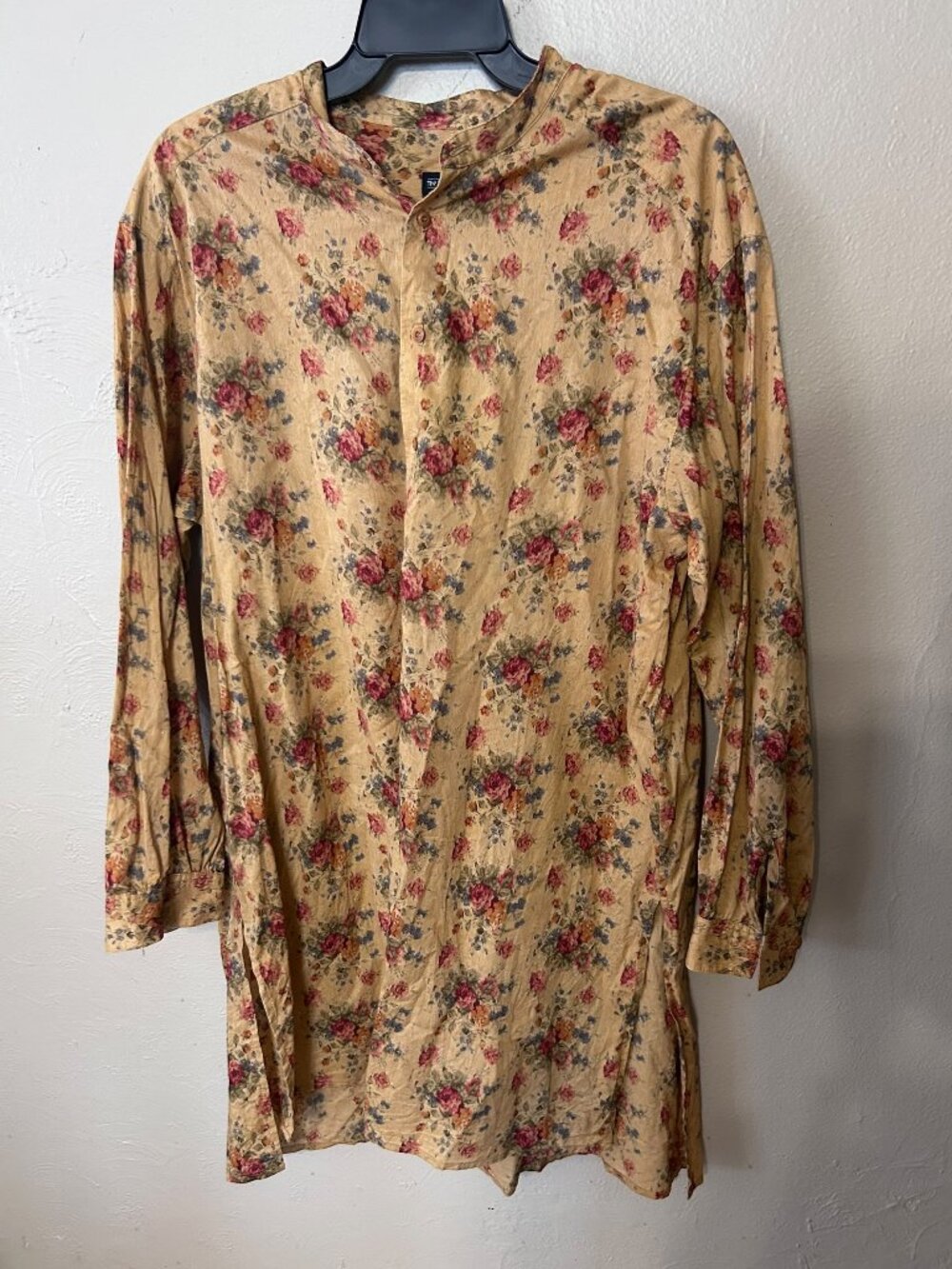 J. Peterman Company 100% Cotton Floral Tunic Shirt Dress Band Collar L